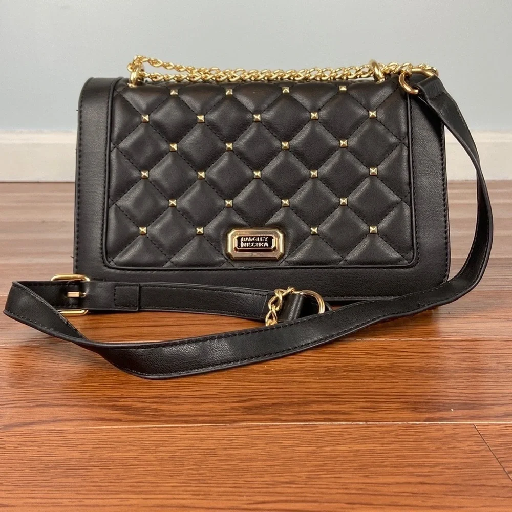 Badgley Mischka Quilted Studded Black Vegan Leather Cross Body Bag